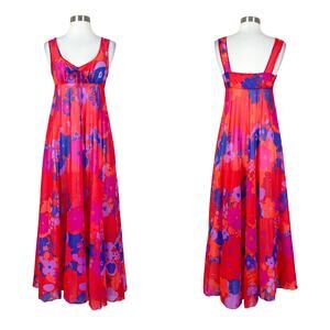Olga | 70s Vintage Sheer Floral Red Blue Midi Length Lingerie Night Gown 34 S